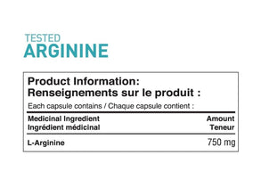 Tested Nutrition Tested Arginine Capsules | 750 mg L-Arginine Capsules for Protein Synthesis, Nitric Oxide Production, Endurance & Performance | 60 Servings (240 Vegetarian Capsules)