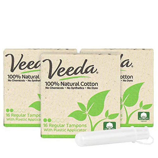 Veeda 100% Natural Non Toxic Tampons Regular Absorbency, Leak Proof Protection - Compact BPA-Free Applicator - Unscented Regular Tampons For Women - No Chlorine, No Toxins - 96 Count