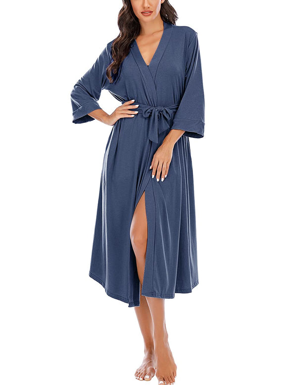 Women Kimono Robes Lightweight Long Robe Knit Bathrobe Soft Sleepwear V-Neck Loungewear for Women Navyblue M