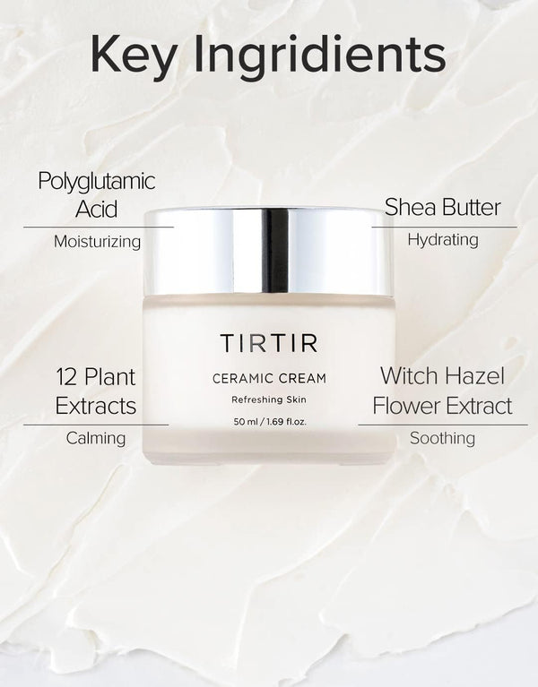 TIRTIR Ceramic Cream | Deep moisturizer for Glass Skin, Polyglutamic acid, Centella Asiatica Extract, Strong skin barrier, Lightweight, Mild, Nature derived ingredients, Dry skin, Korean skincare