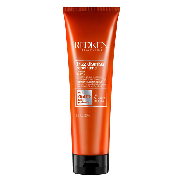 Redken Leave-In Cream, Heat Protection up to 450 Degrees, Protects Against Humidity, For Frizzy & Unmanageable Hair, Instantly Smooths Hair, Sulfate Free, Frizz Dismiss Rebel Tame, 805 fl.oz./250ml