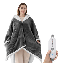 Heated Blanket Electric Throw, Wearable Heated Poncho Shawl Hoodie with Pockets and Hood, 5 Heating Levels & 3-Hour Auto-Off, Ultra-Soft Flannel and Sherpa for Cozy Warmth, 56 x 63 Inches, Grey