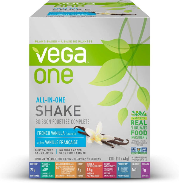 Vega All-in-One Vegan Protein Powder French Vanilla (10 Sachets) Superfood Ingredients, Vitamins For Immunity Support, Keto Friendly, Pea Protein For Women & Men, 10x41g (Packaging May Vary)