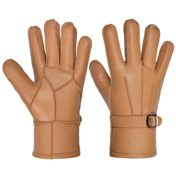 Harssidanzar Winter Leather Gloves For Mens Warmth Sheepskin Shearling Lined Thermal Gloves SM042CA,Camel,Size M