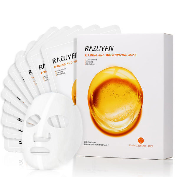 RAZUYEN Face Mask, with Hyaluronic Acid & Peptides, Anti-wrinkle, Anti-aging, Facial Skincare for All Skin Types, Sheet Moisturizing and Firming mask (Pack of 10)