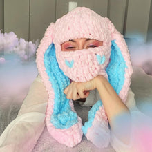 Thickened Crochet Knit Balaclava Hat for Women Girls, Funny Long Bunny Ears Beanie Hat with Scarf Mask Thermal Headwear, Pink Blue Rabbit Ears, Medium