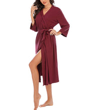 Women Kimono Robes Lightweight Cotton Long Robe Knit Bathrobe Soft Sleepwear V-Neck Loungewear for Women Burgundy dark M