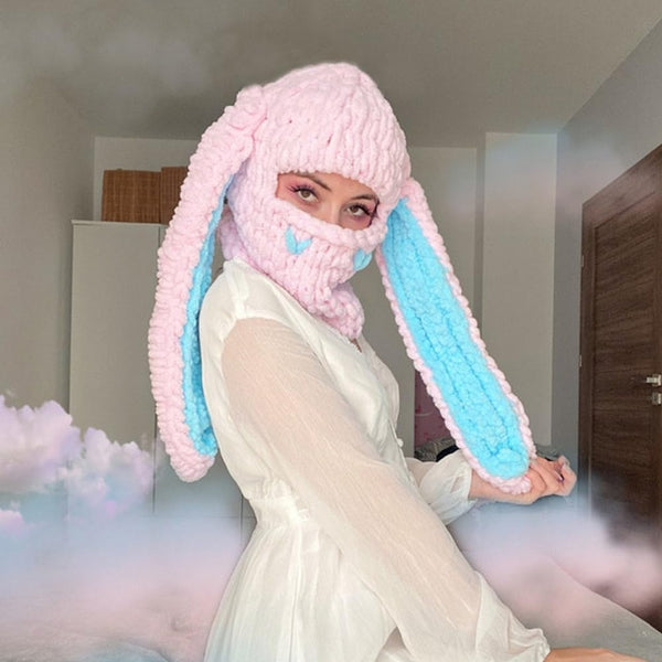 Thickened Crochet Knit Balaclava Hat for Women Girls, Funny Long Bunny Ears Beanie Hat with Scarf Mask Thermal Headwear, Pink Blue Rabbit Ears, Medium