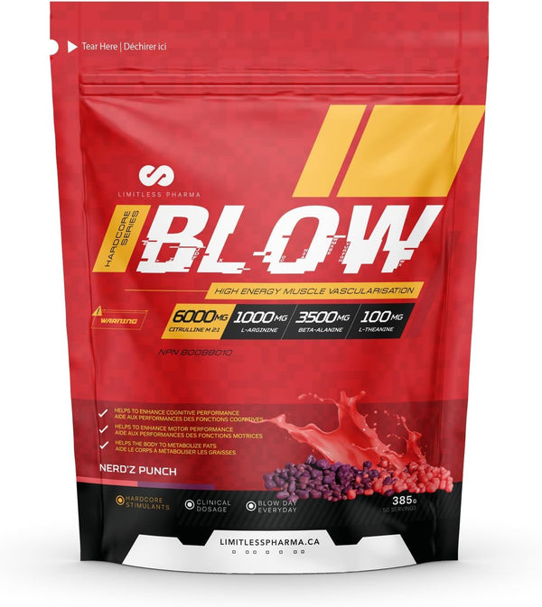 Limitless Pharma Blow Pre Workout Powder | Increased Energy, Nitric Oxide Booster, Enhanced Endurance, Focus | L-Citrulline, Beta-Alanine, L-Arginine, Caffeine | 50 Servings (Nerdz Punch)