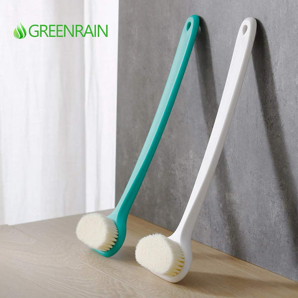 Upgraded Bath Body Brush with Comfy Bristles Long Handle Gentle Exfoliation Improve Skin's Health and Beauty Bath Shower Wet or Dry Brushing Body Brush (14 inch, Green +White)