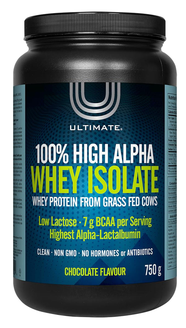 Ultimate 100% High Alpha Whey Isolate, Chocolate, Powder, 750g, High Performance, Grass-Fed, Low Lactose, Highest Alpha-Lactoalbumin, 7 g of BCAA per serving