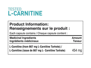 Tested Nutrition L-Carnitine Capsules | 454mg L-Carnitine Tartrate per Capsule | Stimulant-Free Metabolism Booster for Weight Loss, Muscle Recovery, Energy Support | 60 Servings (180 Capsules)