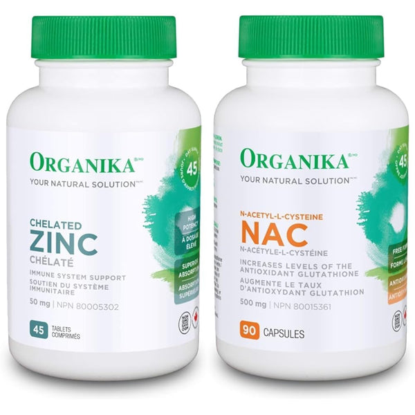 Organika Chelated Zinc 45 Tabs & NAC (N-Acetyl-L-Cysteine) 500mg- Supports Antioxidant Glutathione Levels, Immune System Support, Liver and Detox Support- 90 caps