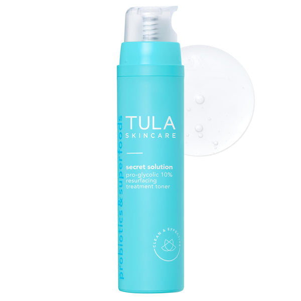 TULA Skin Care Secret Solution Pro-Glycolic 10% pH Resurfacing Toner - Face Toner to Gently Exfoliate and Hydrate Skin, with Proprietary Blend of Probiotics and Glycolic Acid, 2.7 oz.