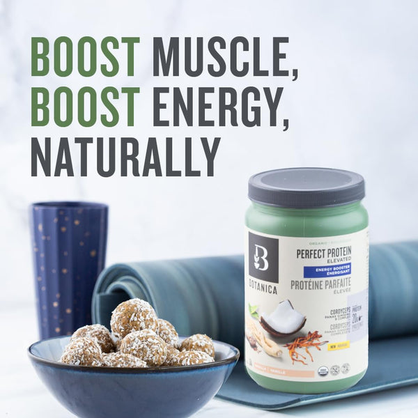 Botanica Health Perfect Protein Elevated Energy Booster, Versatile Protein Powder with Muscle Support & Energy Source, Muscle Repair and Recovery, Energy, B Complex, Panax Ginseng, Cordyceps, Athletes, Exercise Supplement, Vanilla Protein Powder, Organic,