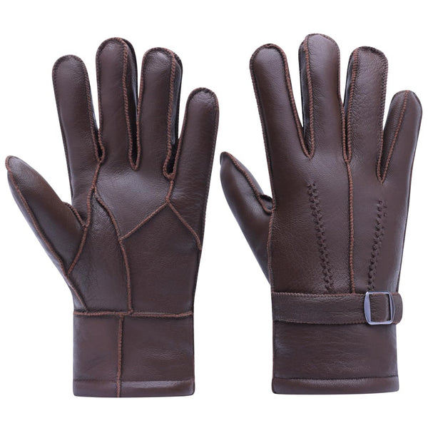 Harssidanzar Winter Leather Gloves For Mens Cold Weather Warmth Sheepskin Shearling Lined Leather Gloves Thermal Gloves SM042CA,Brown,Size XL