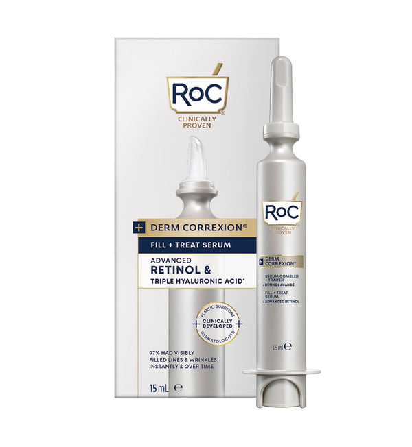 RoC Derm Correxion®️ Fill + Treat Advanced Retinol Serum, Wrinkle Filler Treatment with Hyaluronic Acid for Forehead Wrinkles, Crow's Feet, Eleven Wrinkles, and Laugh Lines, 15ML, White