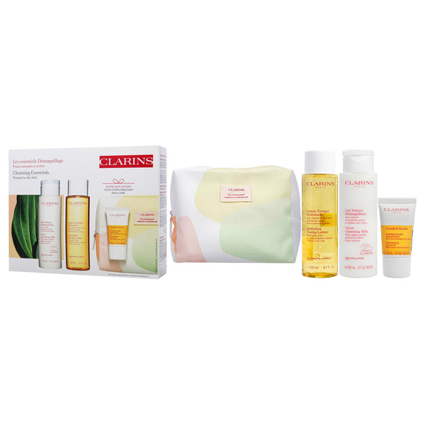 Clarins Cleansing Essentiels Set - Normal to Dry Skin 6.7oz Velvet Cleansing - Milk, 6.7oz Hydrating Toning Lotion, 0.4oz Comfort Scrub, Beauty Purse Women 4 Pc