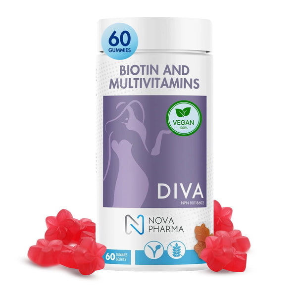 Nova Pharma DIVA Gummy Vitamins - Vegan, Gluten-Free Biotin Supplement, Soft Chewable Multivitamin Gummies, Maintains Strong Bones, Gives Radiant Skin and Strengthens Hair & Nails - 60 Gummies