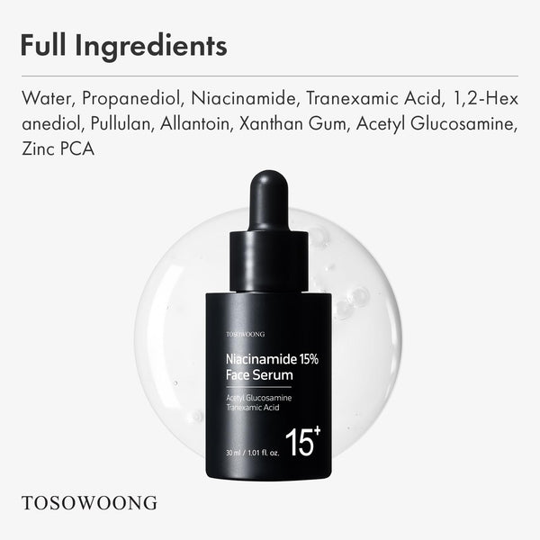 TOSOWOONG Niacinamide 15% Face Serum, 150,100ppm Niacinamide, Tranexamic acid, Dark Spot Corrector, Glass Skin, Radiant Complexion, Pore Minimizer, Even Skin Tone, Korean Skin Care, 30ml, 1.01 fl.oz.