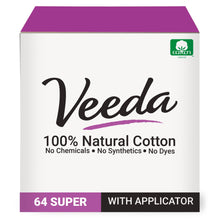 Veeda 100% Natural Cotton Non Toxic Tampons Super Absorbency, Leak Proof Protection - Compact BPA-Free Applicator - Unscented Organic Tampons For Women - No Chlorine & Toxins - Super Tampons, 64 Count