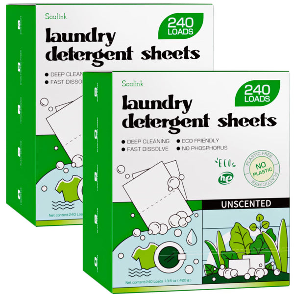 Soulink Laundry Detergent Sheets Unscented 480 Loads (2 pack)?Eco Friendly Detergent Sheets for Travel & Home - No Plastic Jug Liquidless Soap Strips, Plant-based, Hypoallergenic.