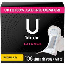 U by Kotex Balance Ultra Thin Pads with Wings, Regular Absorbency, 108 Count (6 Packs of 18)