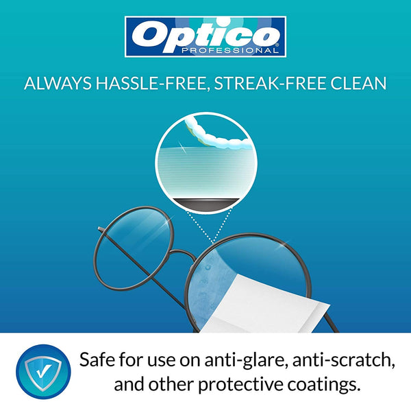 Optico Pre-Moistened Lens Cleaning Cloths - Premium Quality Cleaner for Eye Glasses, Screens, and Cameras Lenses - 360 Streak-Free and Individually Wrapped cloth wipes, 5 x 3.5 Inches (2xOCW180)