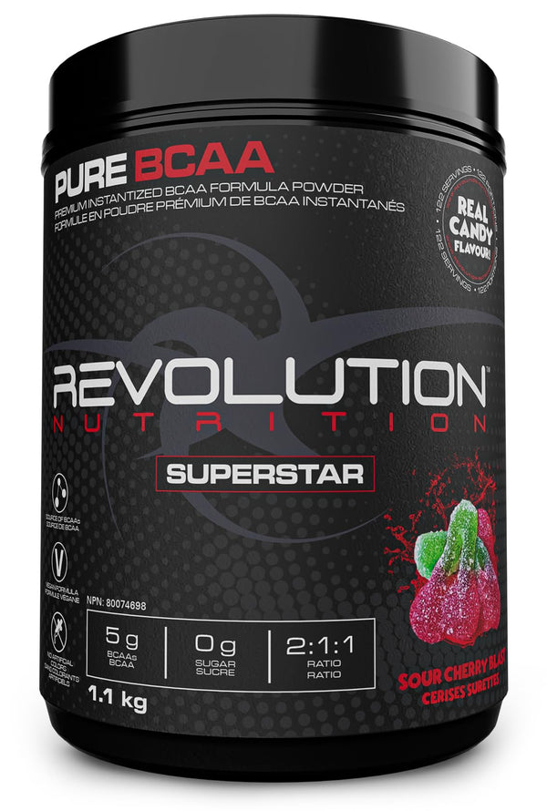 Revolution Nutrition Pure BCAA, Essential Amino Acids, 2:1:1 Ratio, Instantized BCAA, Post Workout, Premium Formula, Zero Sugar, Zero Calories, Vegan, 122 Servings (Sour Cherry Blast, 1.1kg)