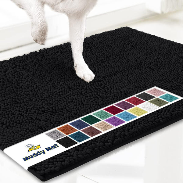 Muddy Mat® Shown on TV – Super Absorbent Microfiber Dog Door Mat for Muddy Paws, Non-Slip Washable Pet Rug, Quick Dry Chenille Entryway Carpet, Machine Washable Indoor Outdoor mat, Black 30"x19"