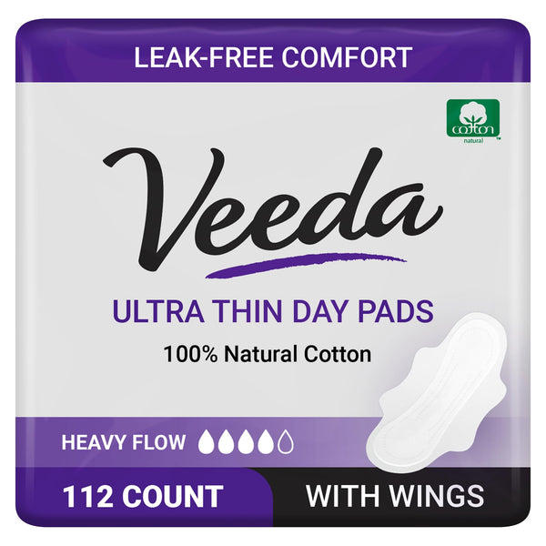 Veeda Natural Cotton Pads for Women - Heavy Flow Absorbent Ultra-Thin Feminine Pads with Wings - Hypoallergenic Period pads - Unscented, Chlorine Free Sanitary Napkins (112 Count)