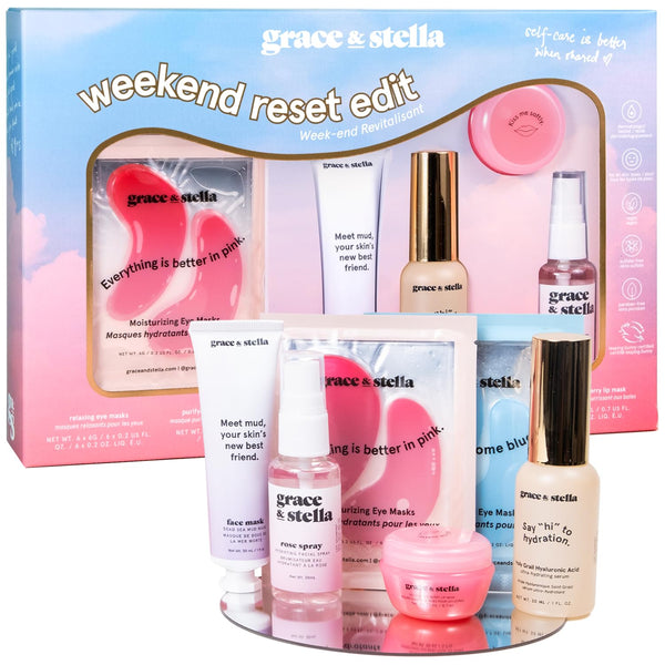 grace & stella Award Winning Weekend Reset Gifts for Women - Travel Size Skin Care Set with Eye Masks, Hyaluronic Acid Serum, Lip Balm & More - Perfect Short Trips, Bachelorette Party - Vegan Sef Care