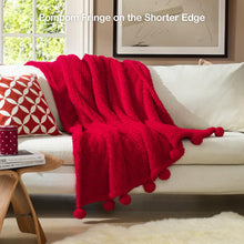 Ultra Soft Cozy Sherpa Throw Blanket with Pompom Fringe, Light Weight Warm Decorative Boho Style Plush Throw Blanket Cover for Couch, Sofa, Bedroom,Travel, Outdoor, 50”x60”, Red