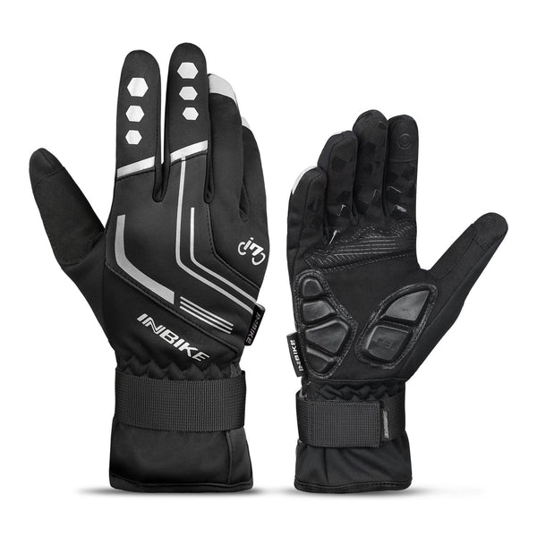 INBIKE Cycling Gloves Mountain Bike Gloves Thermal Gel Pad Gloves Windproof Reflective Full Finger Black Large