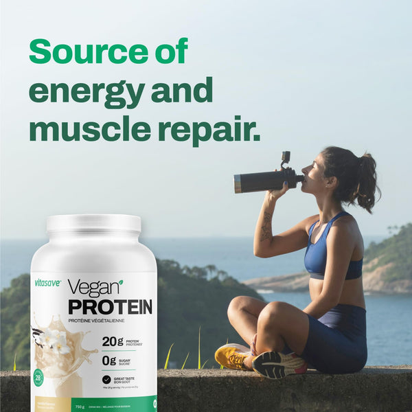 Vitasave Vegan Protein Powder - Natural Vanilla Flavour, 20g Plant Based Protein, 28 Servings, 750g Tub, Soy Free, Gluten Free, Dairy Free and Sugar Free