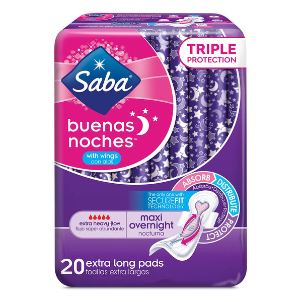 Saba Buenas Noches Overnight Maxi Pads with Wings, Built for Absorption Distribution and Protection, The Ultimate Overnight Feminine Care Pad for Women, 60 Pads 120 Count (6 Packs of 20)