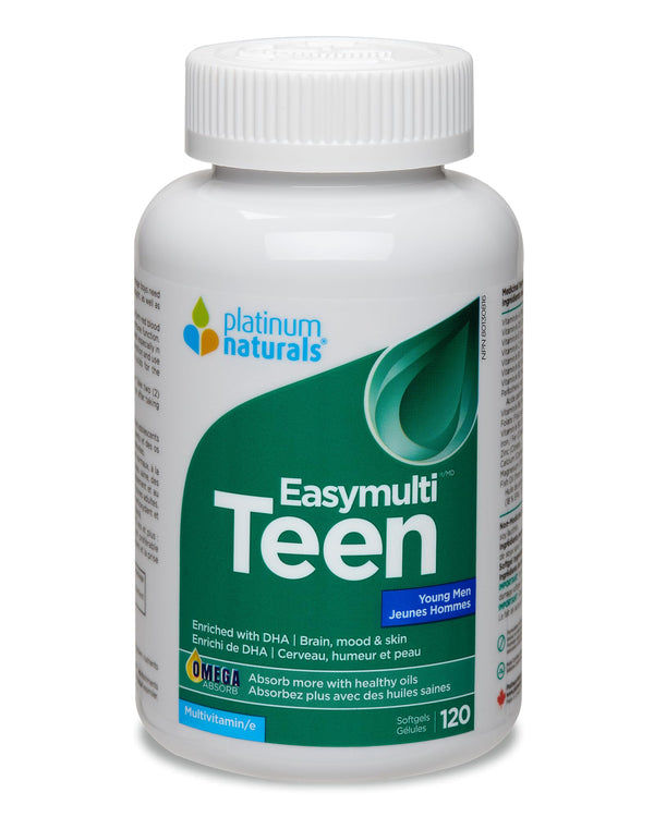 Platinum Naturals Easymulti Teen for Young Men - 120 Softgels with DHA, Vitamin D3, Omega 3 Fish Oil, Calcium & Magnesium Oxide for Brain Health & Skin Support, Multivitamin Supplement