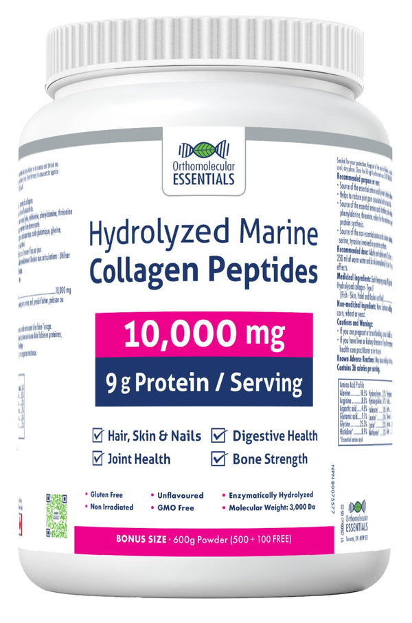 Orthomolecular Essentials Hydrolyzed Marine Collagen Peptides - Pure Canadian-Made 10,000mg Powder for Radiant Skin, Strong Bones, and Joint Support, 600g