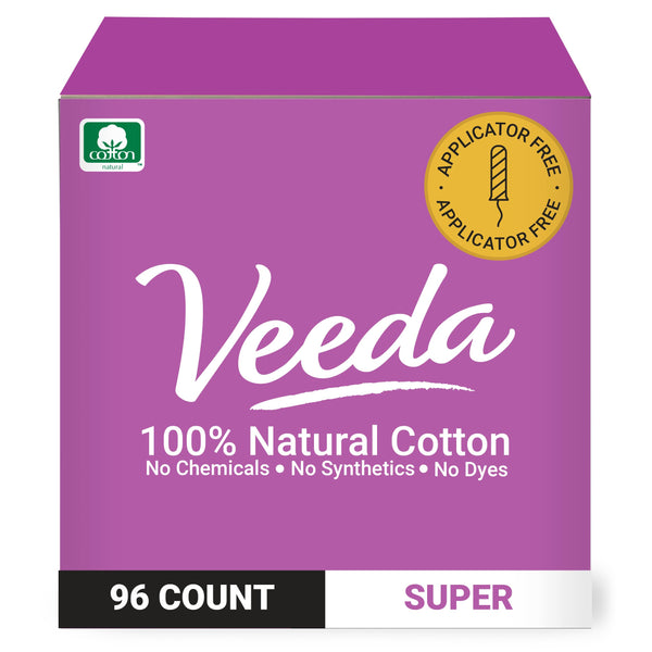 Veeda 100% Natural Cotton Tampons Super Absorbency - Applicator Free Tampons with leak proof protection - Unscented, Chlorine & Toxin Free - 96 Count