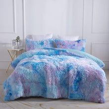 Wajade Faux Fur Plush Galaxy Blue Comforter Set Fluffy Fuzzy Shaggy Bedding Set - 3PC Full/Queen Microfiber Soft Warm Quilt Set