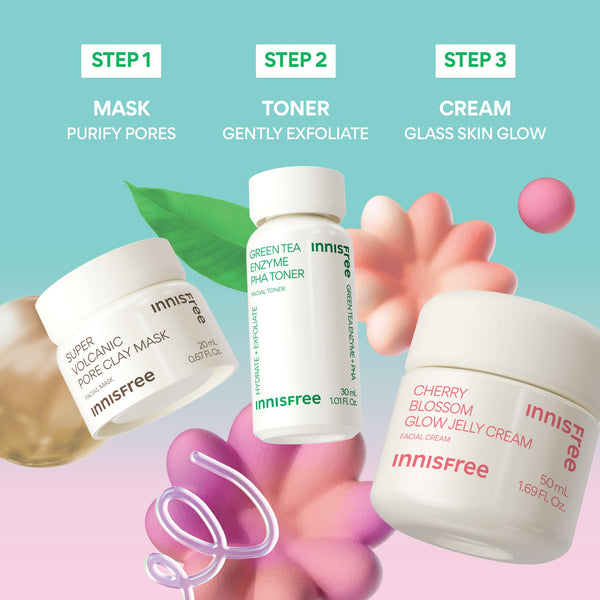 innisfree Glow + Brighten Set, Limited Edition Korean Beauty Trio for Radiant and Glowing Skin, Serum Moisturizer and Face Mask Trio