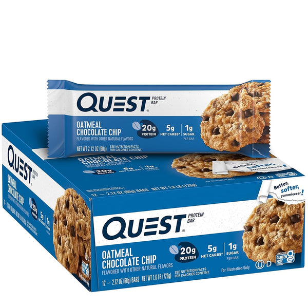 Quest Nutrition Oatmeal Chocolate Chip Protein Bar, High Protein, High Fibre, Low Sugar, Keto Friendly, 20g Protein, 1g Sugar, 12ct