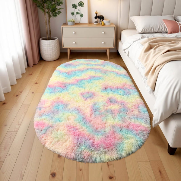 Terrug Oval Fluffy Ultra Soft Area Rugs for Bedroom Living Room, 2.6 x 5.3 Ft Plush Shaggy Kids Rug Small Throw Rugs for Dorm Boy Girl Room Bedside Nursery Mats Home Decor, Rainbow