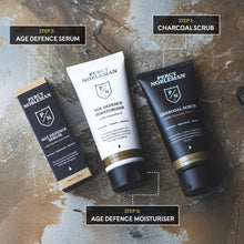 Percy Nobleman Age Defence Kit, a men's skincare set containing Charcoal Face Scrub (with Natural AHAs), ultra-hydrating Facial Serum (with Hyaluronic Acid), and Moisturiser (with Vitamin C)