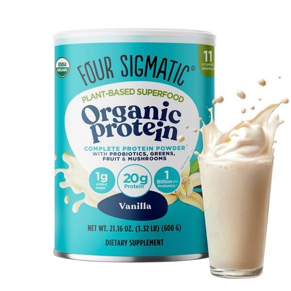 Four Sigmatic Organic Vegan Protein Powder | Sweet Vanilla Protein with Lion’s Mane, Chaga, Cordyceps and More | Clean Vegan Protein Elevated for Brain Function and Immune Support | 21.16 oz