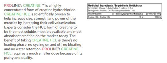 PROLINE Natural Creatine HCL Powder | Ultra Concentrated Creatine Hydrochloride (HCL) for Strength, Performance, Recovery | 1000mg Creatine HCL Per Serving | 120 Servings (Unflavoured)