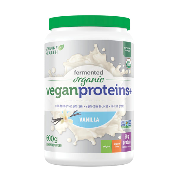 Genuine Health fermented organic vegan proteins+ - vanilla - Powder Mixes Well into Protein Shakes - Vegan, Gluten Free, USDA Organic, Non GMO Project Verified - 600g - 20 Servings