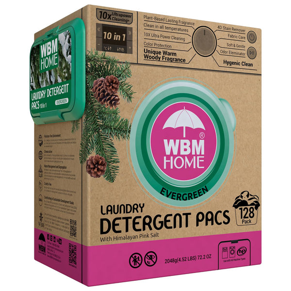 WBM Laundry Detergent Pods - Ultra-Concentrated, Hypoallergenic, Stain-Fighting, Evergreen Scent, 128-Pack, Recyclable Packaging for Eco-Friendly Cleaning