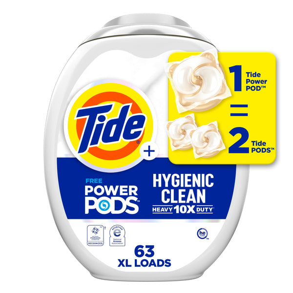 Tide Hygienic Clean Heavy Duty 10x Free Power PODS Laundry Detergent Liquid Soap Pods, 63 count, Unscented, For Visible and Invisible Dirt