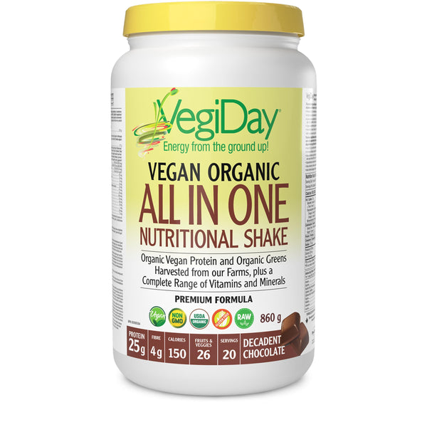 VegiDay® Vegan Organic All in One Nutritional Shake, Decadent Chocolate, 900 g, Convenient Way to Boost Your Nutrient Intake, Non-GMO, Plant-Based, 25 g of Protein per Serving, 20 servings